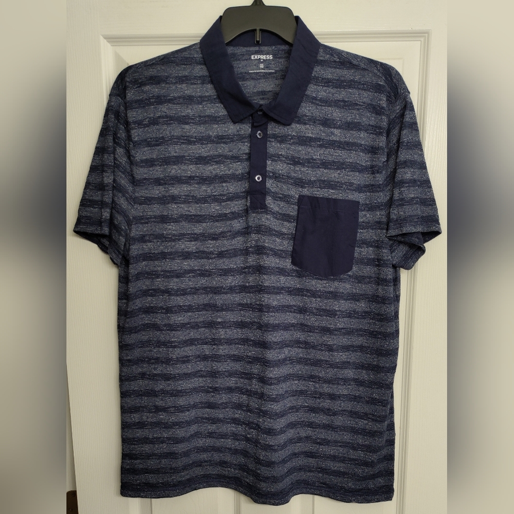 Express Men's XXL Blue Multicolor Striped Short Sleeve Polo Shirt.